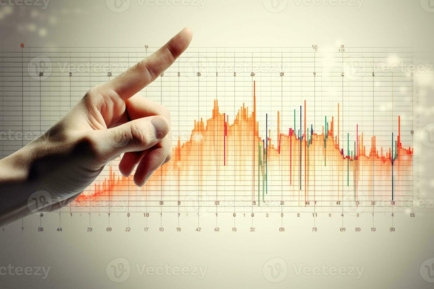 Hand with a pointer in a chart with data analysis on a bokeh background. Generative AI photo