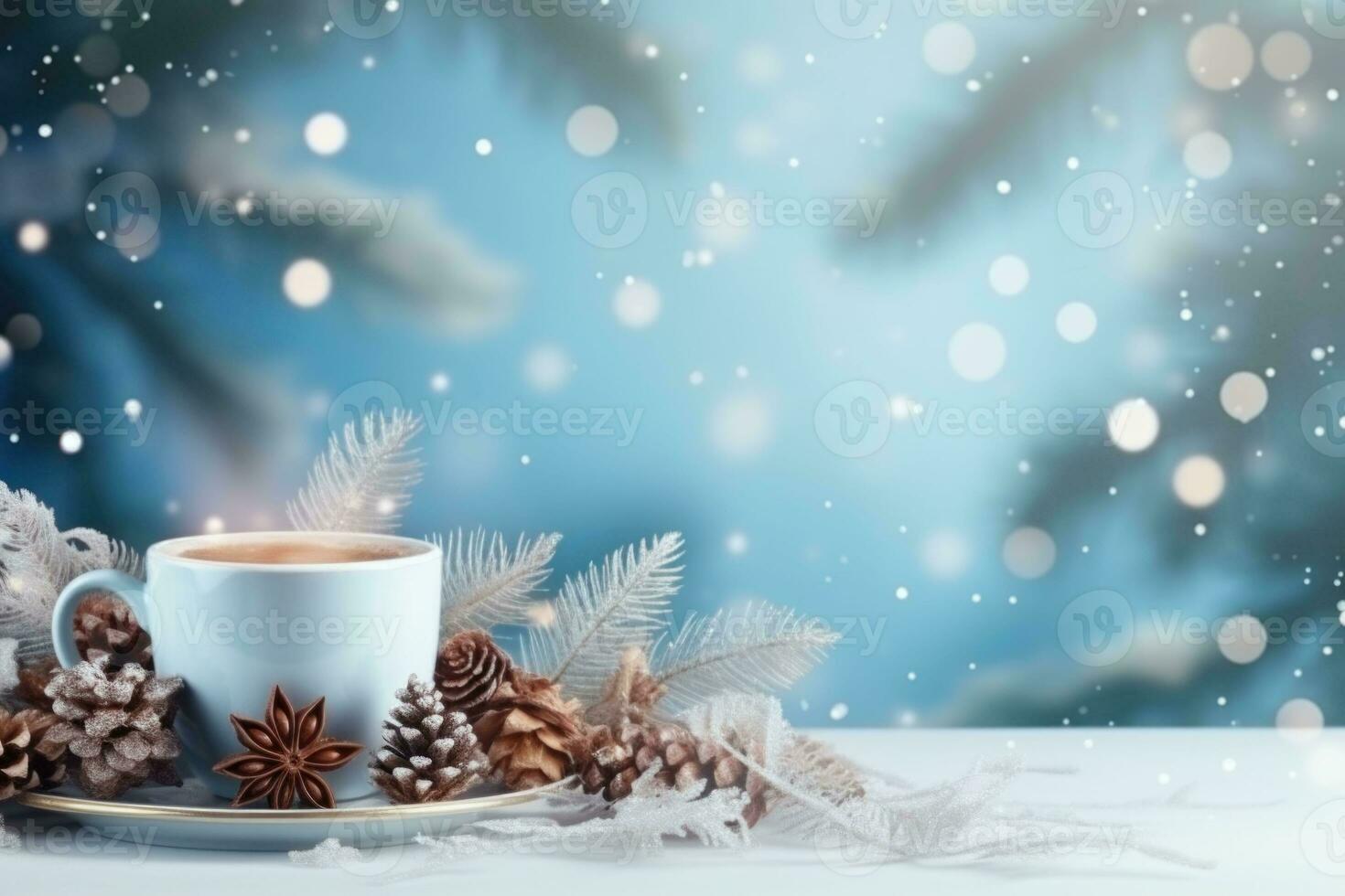 Christmas background with coffee cup, festive decorations, ice crystal snowflakes and fir branches. Generative AI photo