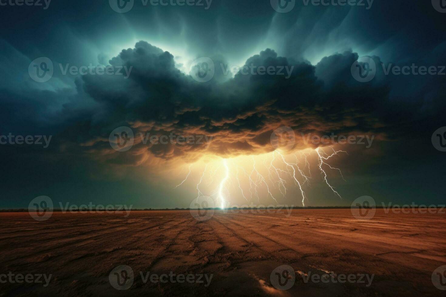 Lightning thunderstorm flash over the night sky. Concept on topic weather, cataclysms. AI generated photo