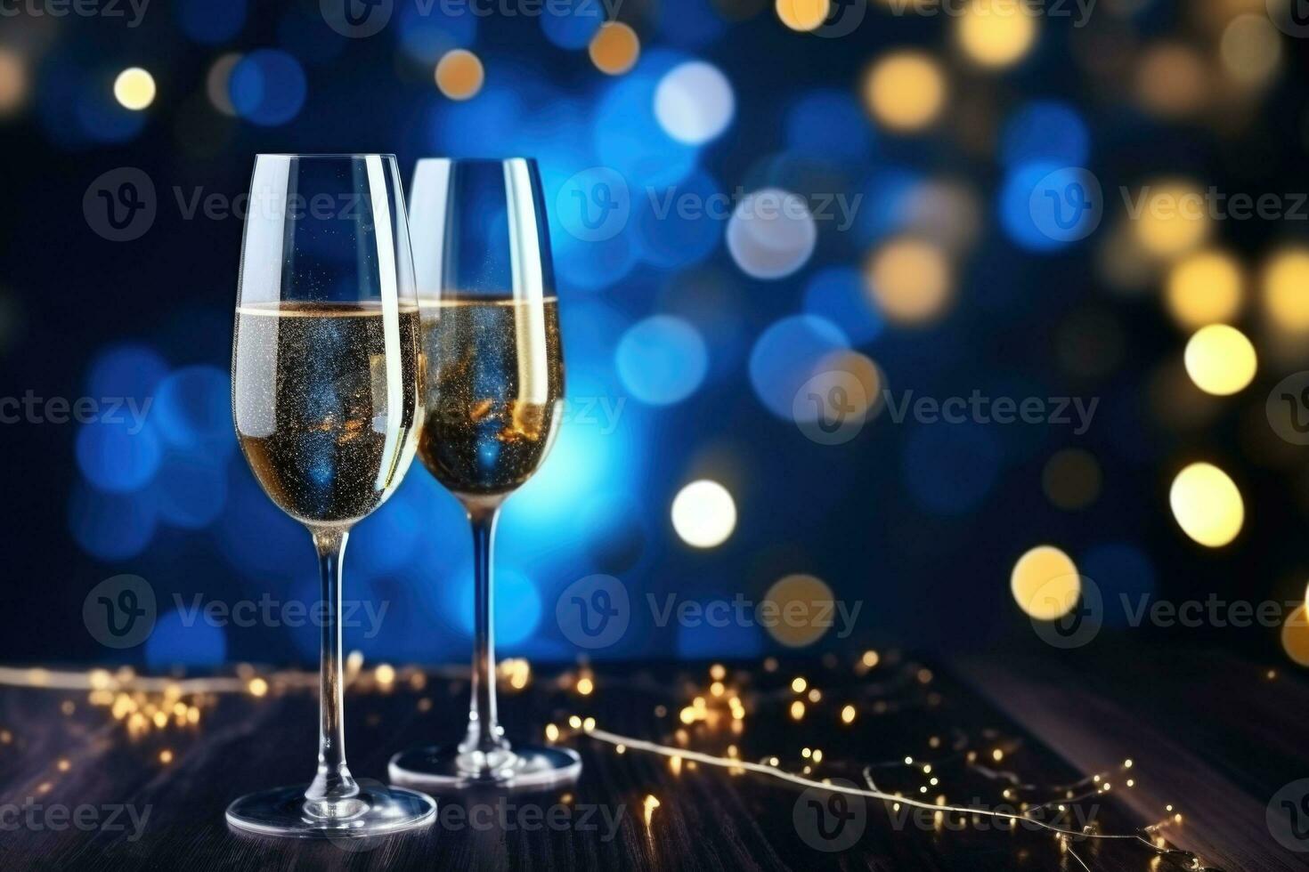 New year's eve celebration background with champagne. Blue bokeh. Generative AI photo