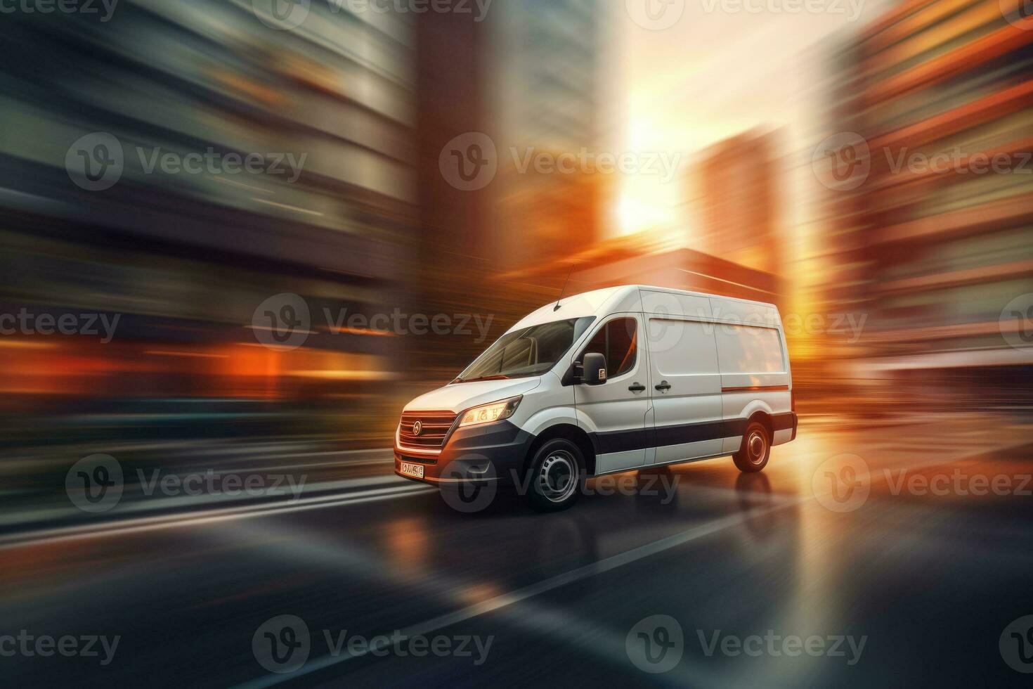 Delivery van driving through the city on a blurred city background. Fast delivery concept. AI generated photo