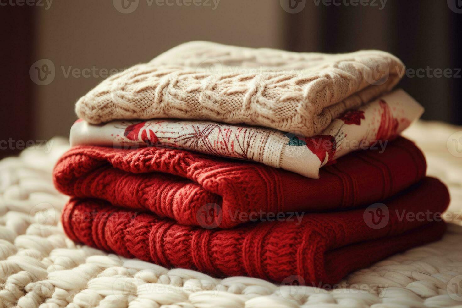 Stack of various colorful knitted warm sweaters. Generative AI photo