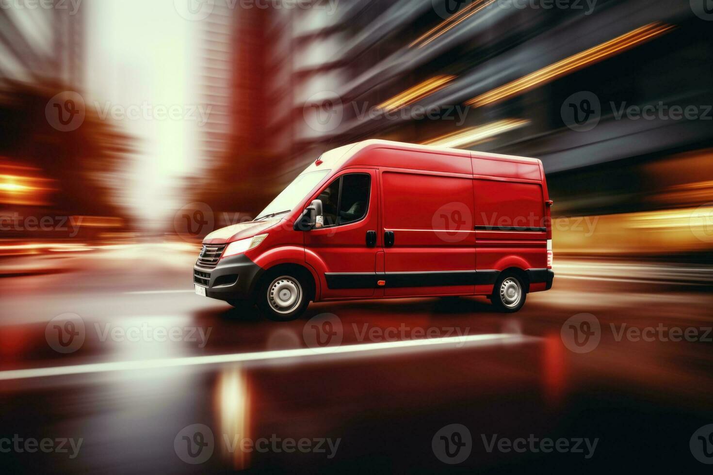 Delivery van driving through the city on a blurred city background. Fast delivery concept. AI generated photo