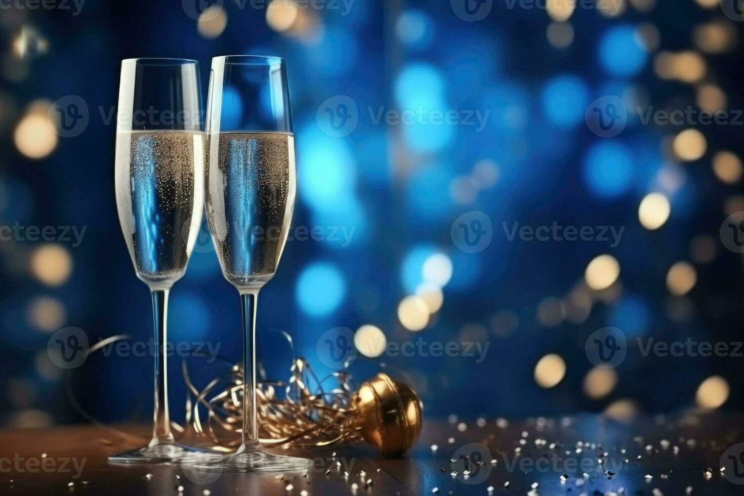 New year's eve celebration background with champagne. Blue bokeh. Generative AI photo