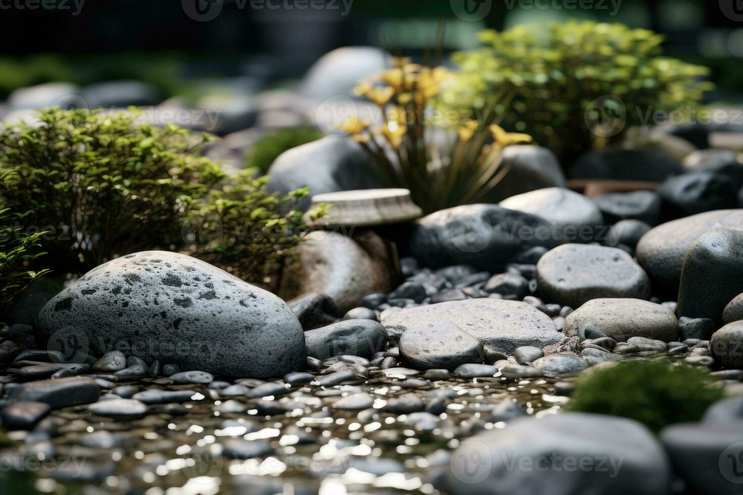 Japanese rock garden with carefully placed stones, plants and sand. Generative AI photo