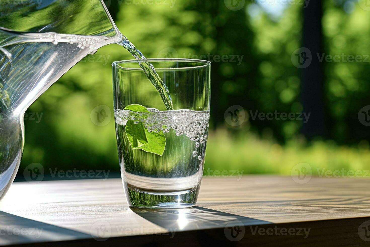 Clean drinking water is poured from a jug into a glass cup on a wooden table and a light green nature outdoors background. AI generated photo