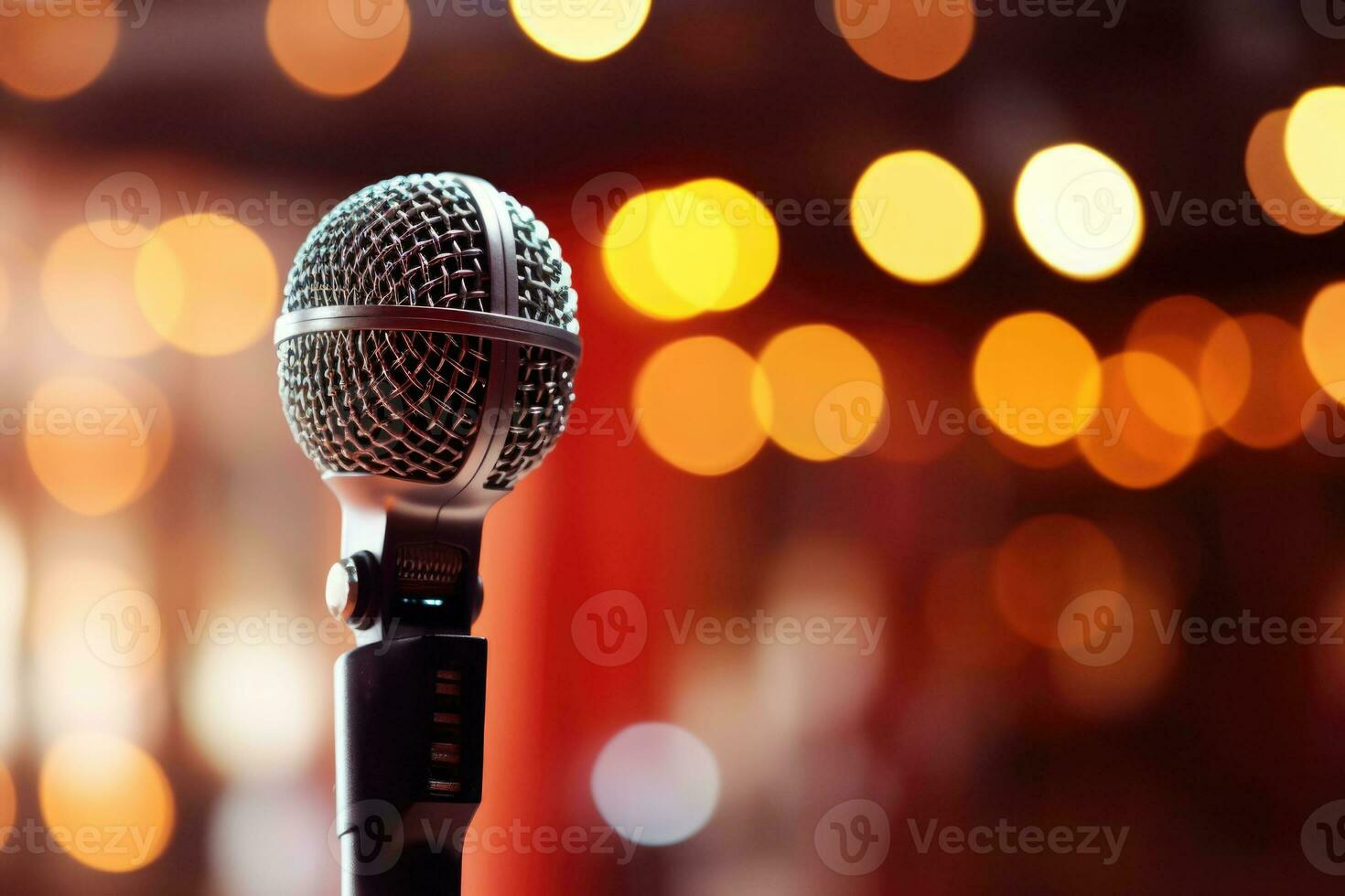 Public performance on stage. Microphone on a stand with blurred bokeh background. Generative AI photo