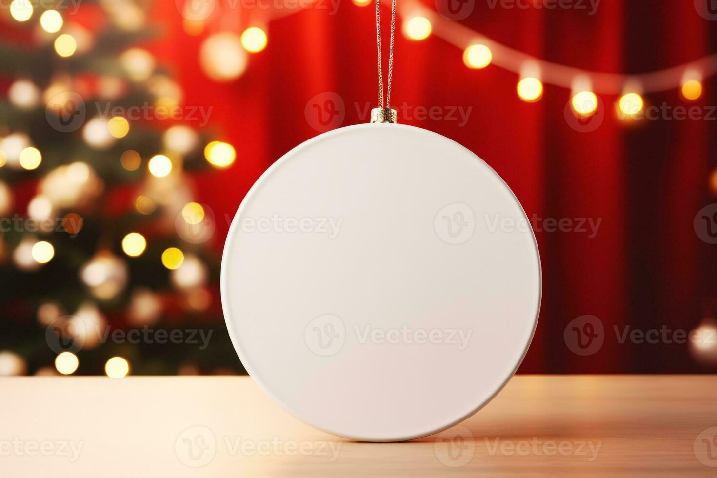 Blank empty white glossy ceramic circle tied with a metallic golden string over a red background and christmas lights. Generative AI photo