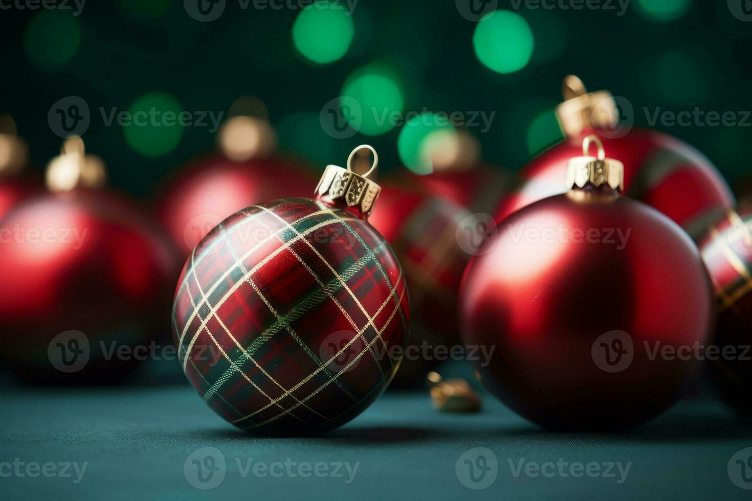 Christmas balls tartan plaid design. Seasonal background with decor in green and red colors. Generative AI photo