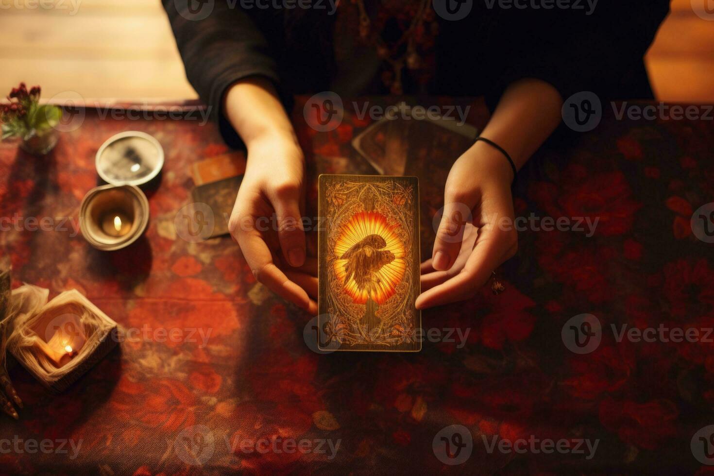 Woman's hand holding a tarot card. Fortune teller reading tarot cards. Generative AI photo