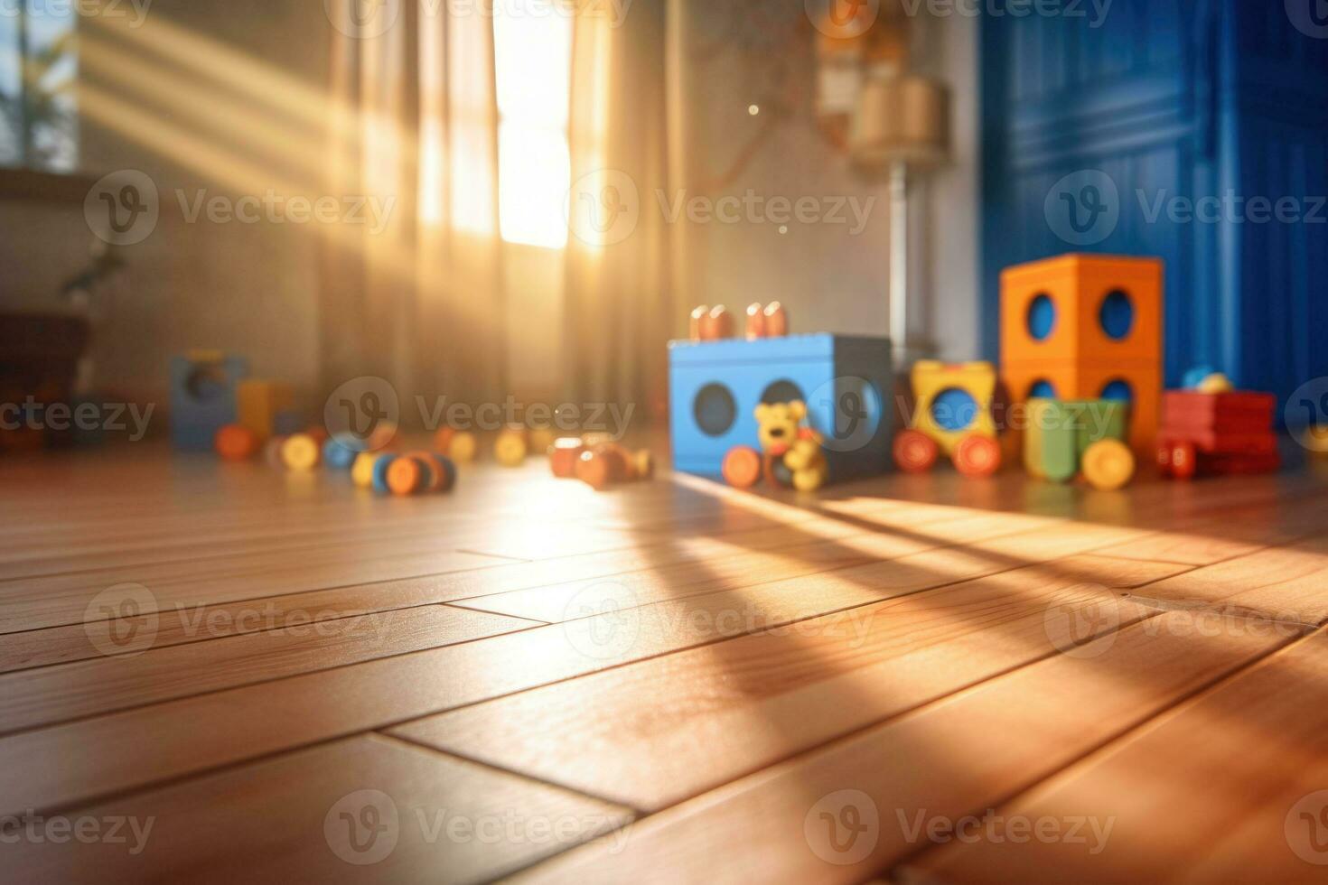 Children's room interior with toys on the wooden floor. Playroom with plastic colorful toys. Generative AI photo