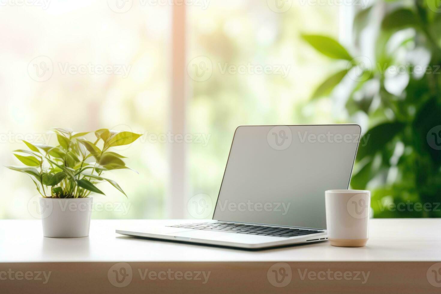 Minimalist simple office workspace with a laptop and a potted plant in soft natural light. Generative AI photo