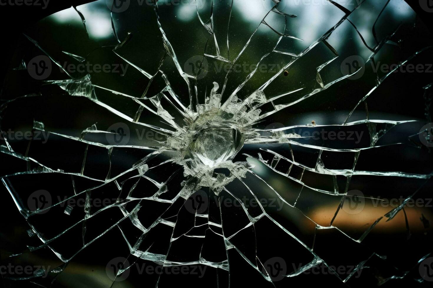 Broken car windshield, damaged glass with traces of oncoming stone on road. Generative AI photo