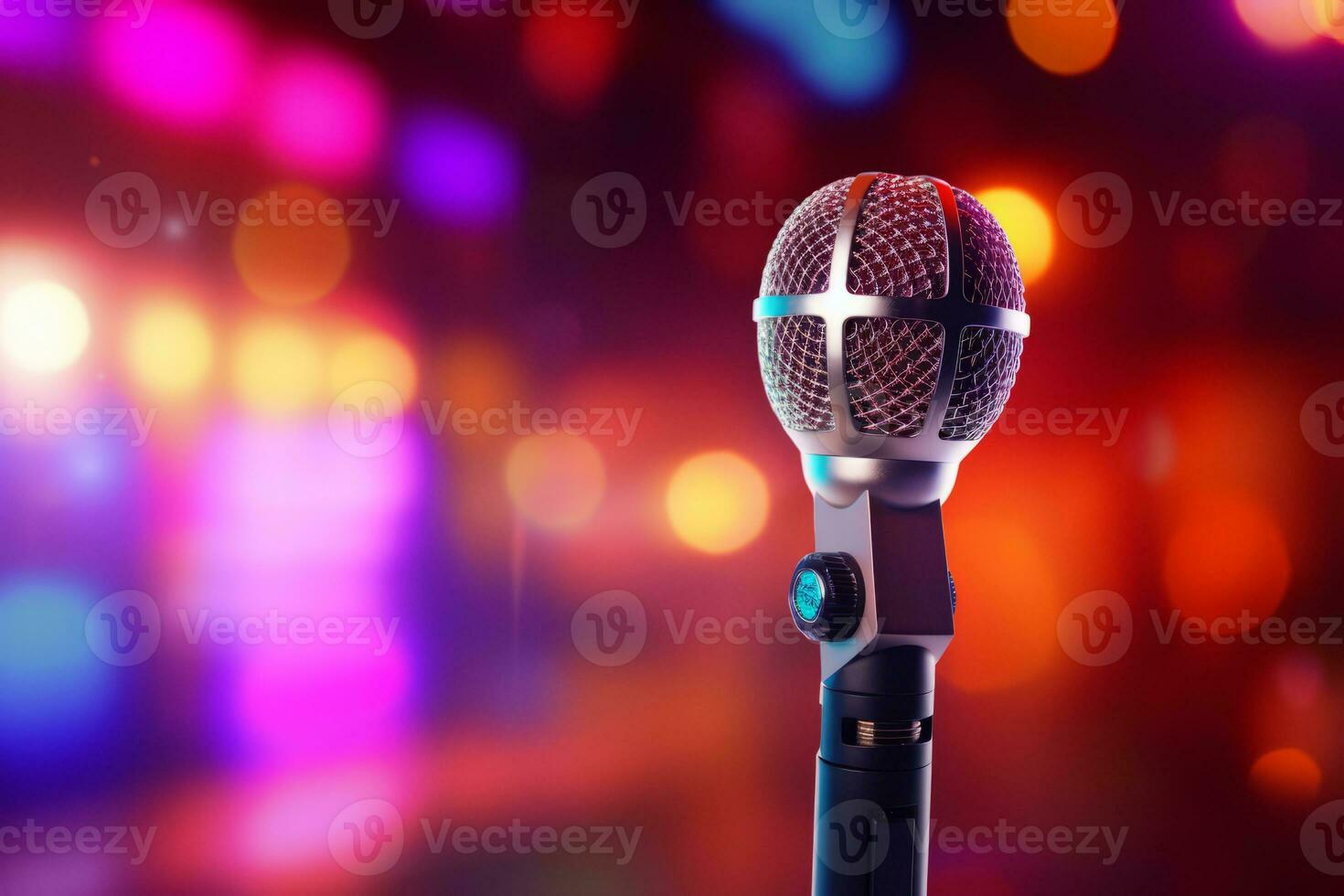 Microphone on stand for speaker speech presentation stage performance with blur and bokeh light background. Generative AI photo