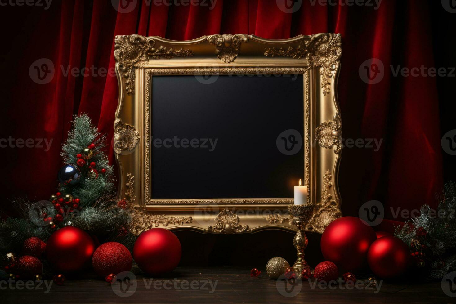 Classic Christmas decor with golden frame and red velvet fabric. Generative AI photo