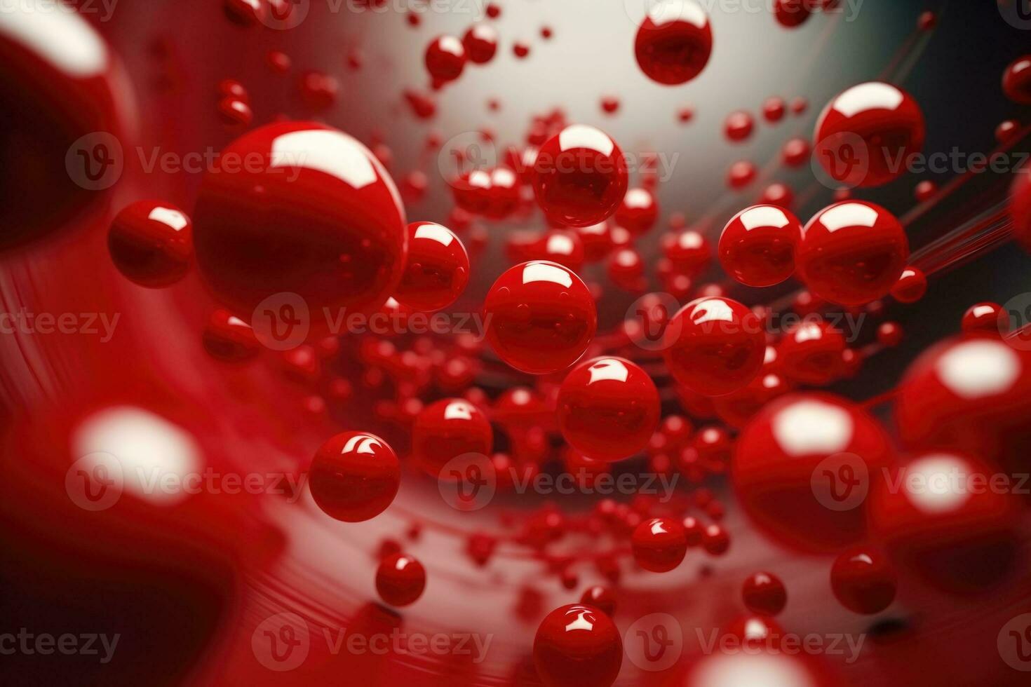 Shiny balls in different sizes on red background. Abstract glossy bubbles. Composition with chaotic floating spheres. Generative AI photo