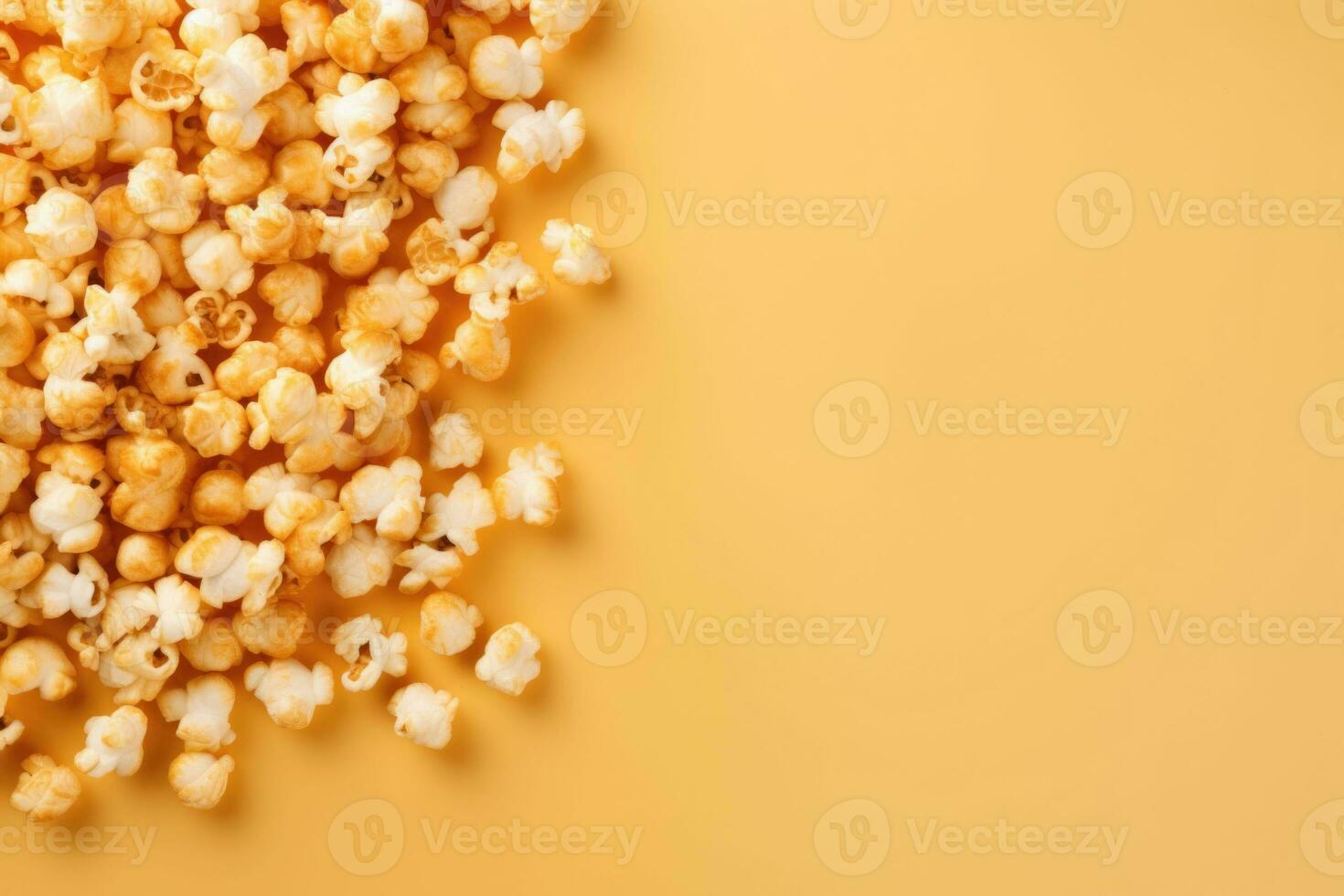 Caramel coated popcorn on a orange background. Generative AI photo