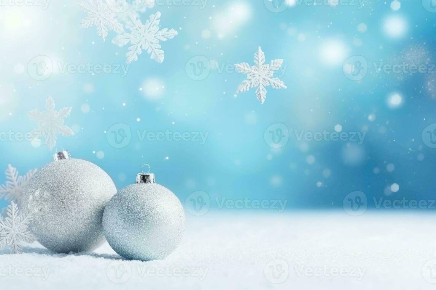 Winter blue snowy background with Christmas balls, beautiful light and snowflakes. Generative AI photo