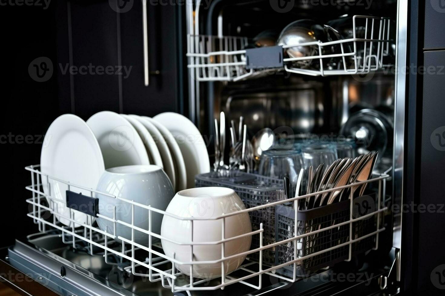 Open dishwasher with clean glass, cups, plates and dishes. Generative AI photo