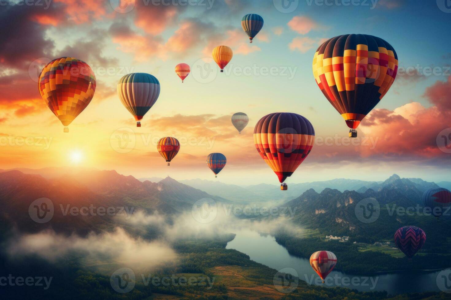 Colorful hot air balloons flying in blue sky. Generative AI photo