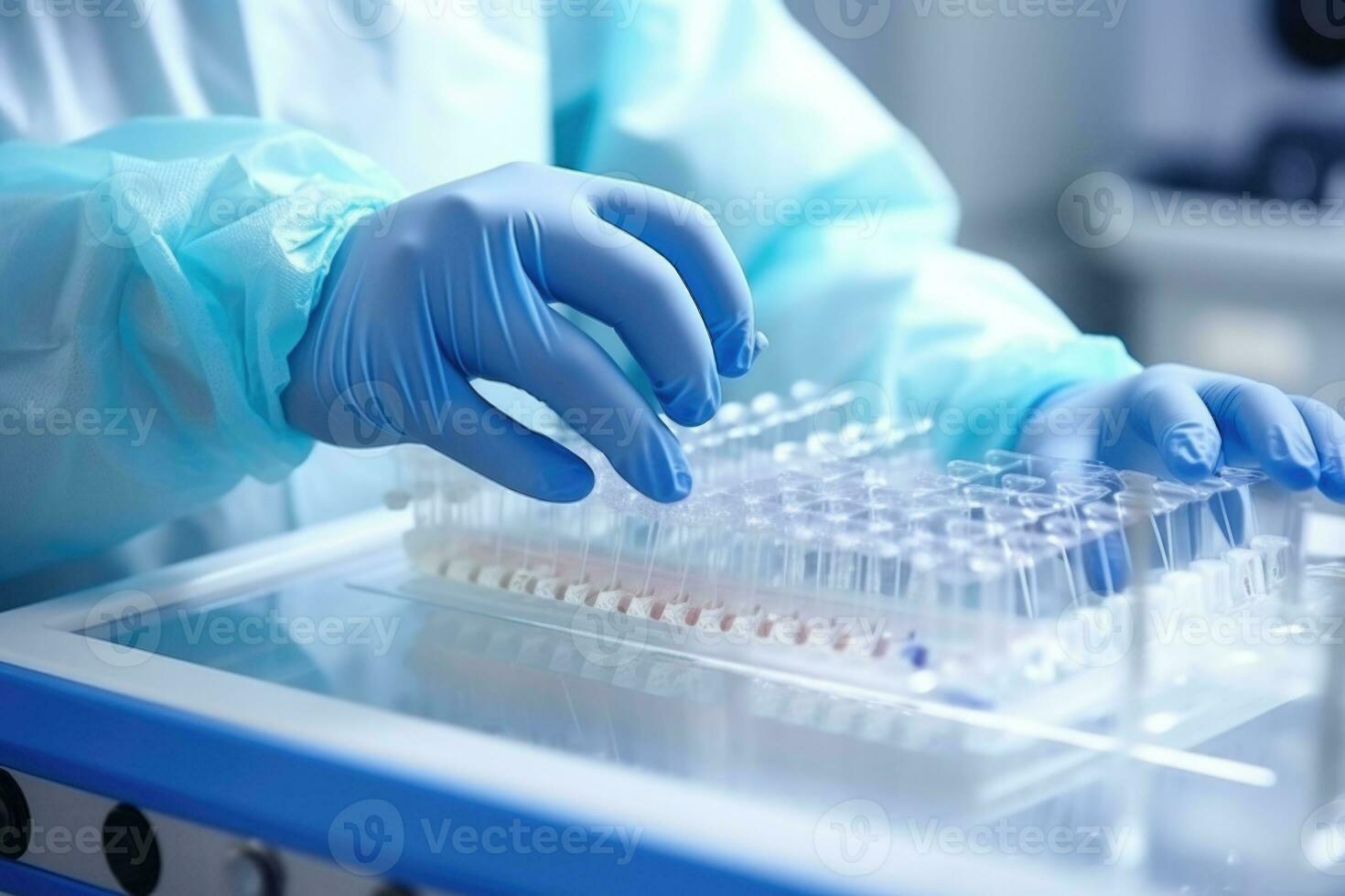 Man, who wears surgical gloves, places the sample into antigen diagnostic test device. Generative AI photo