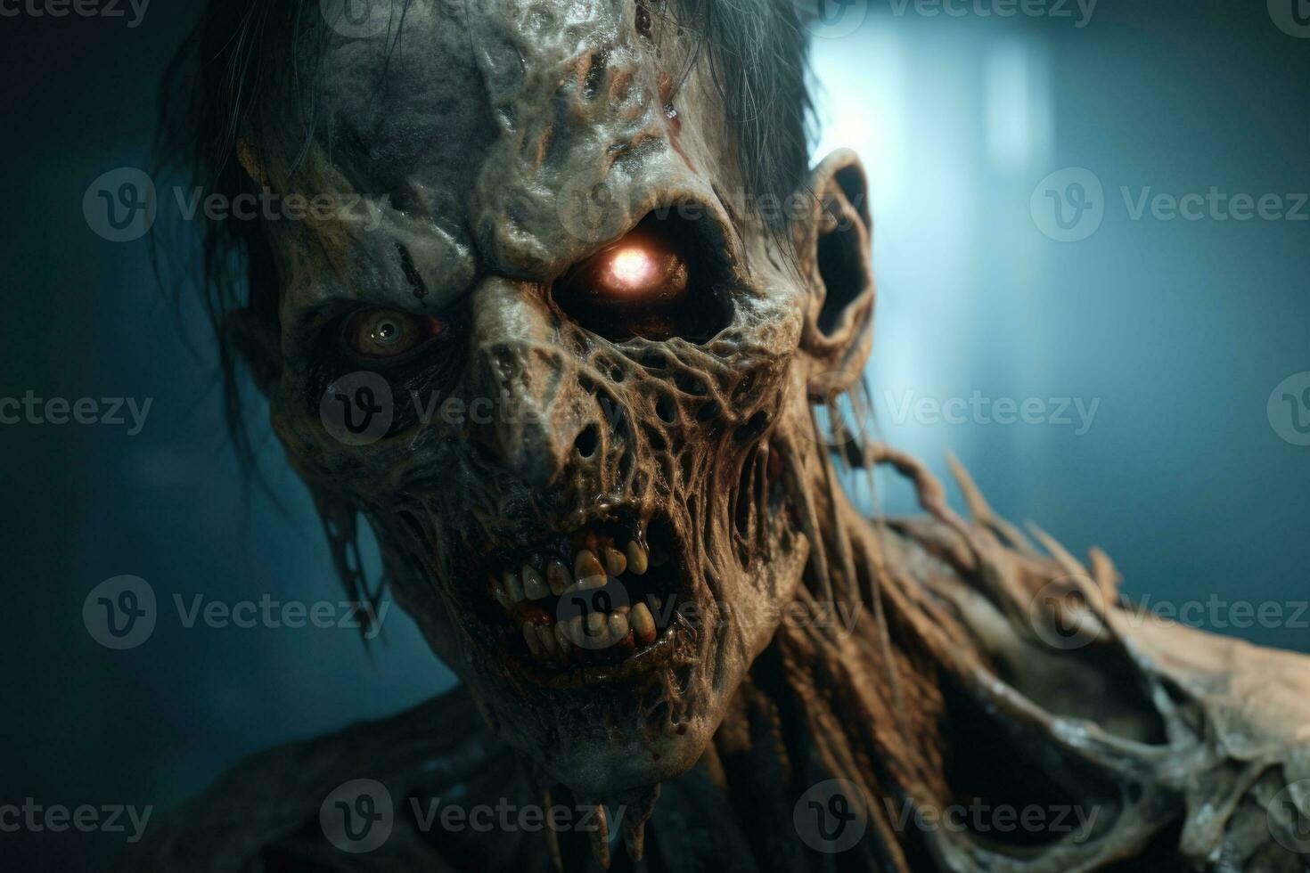 Portrait of a horrible scary zombie man. Horror. Halloween. Generative AI photo