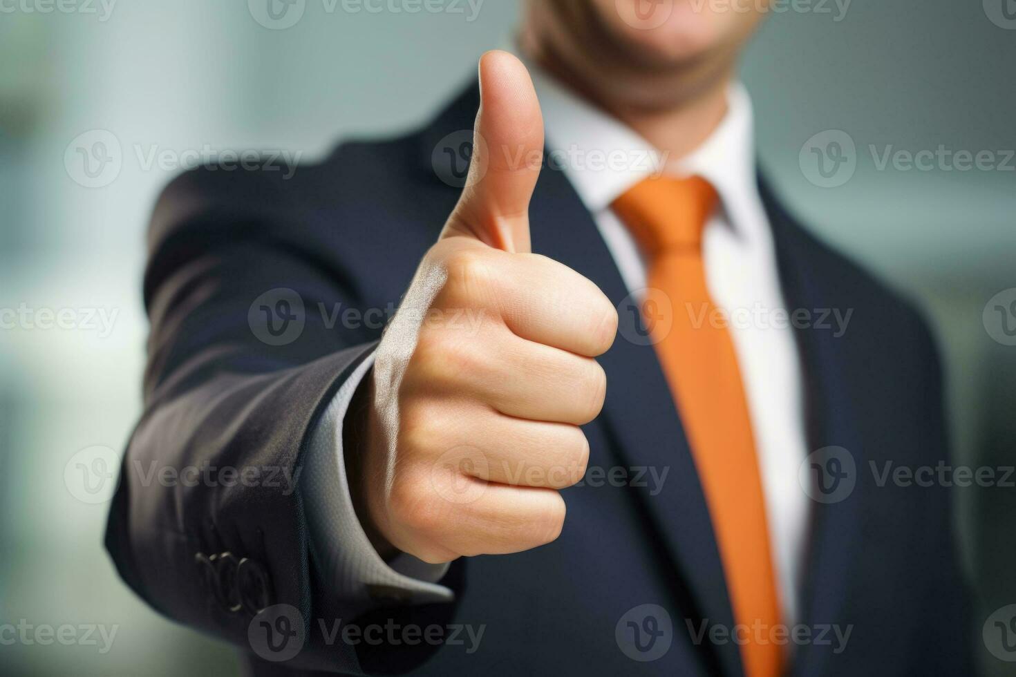 Handsome businessman celebrating success with thumbs up. Generative AI photo