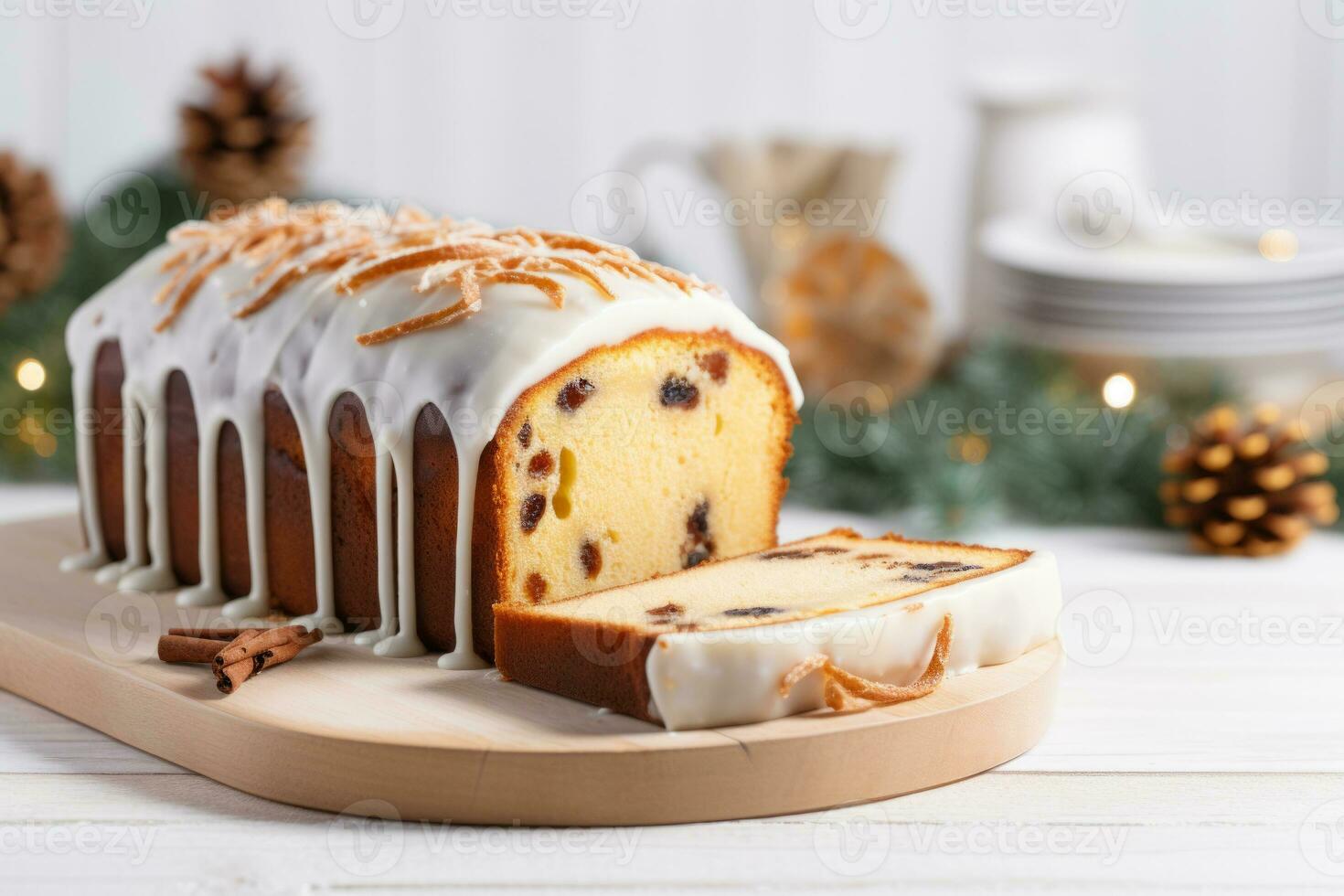 Homemade freshly baked Christmas cake loaf with raisins. Pound cake. Generative AI photo