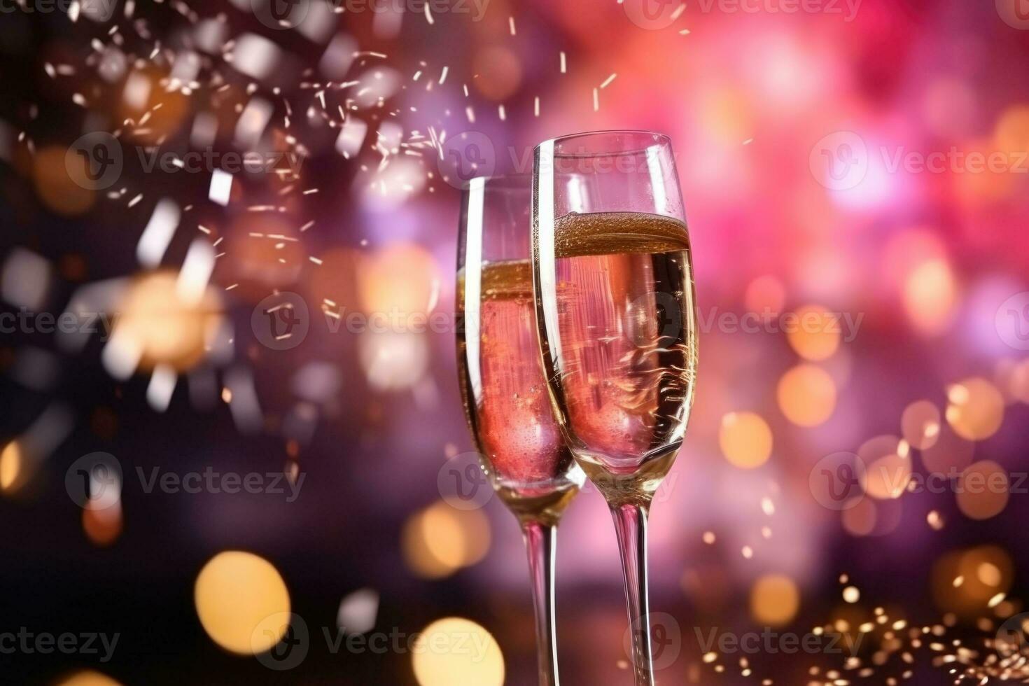 New year's eve celebration background with champagne. Pink bokeh. Generative AI photo
