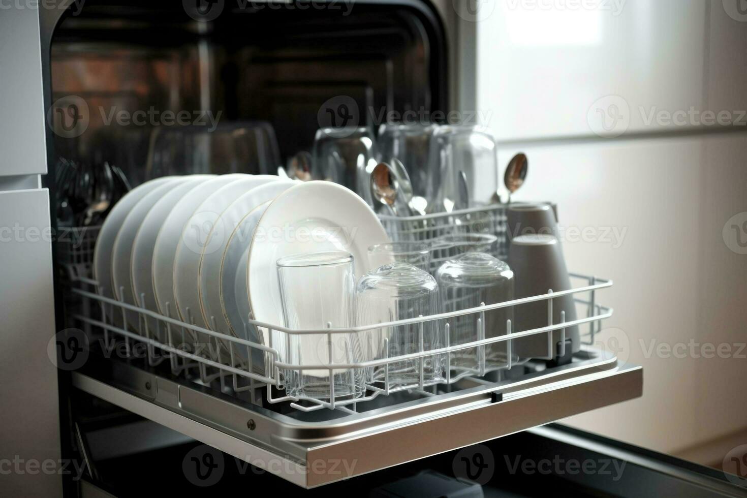 Open dishwasher with clean glass, cups, plates and dishes. Generative AI photo