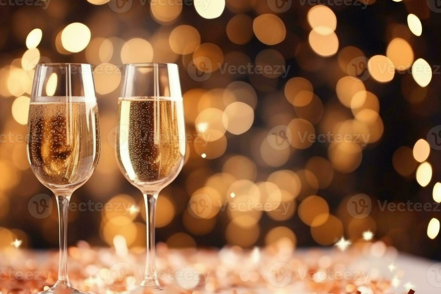 New year's eve celebration background with champagne. Golden bokeh. Generative AI photo