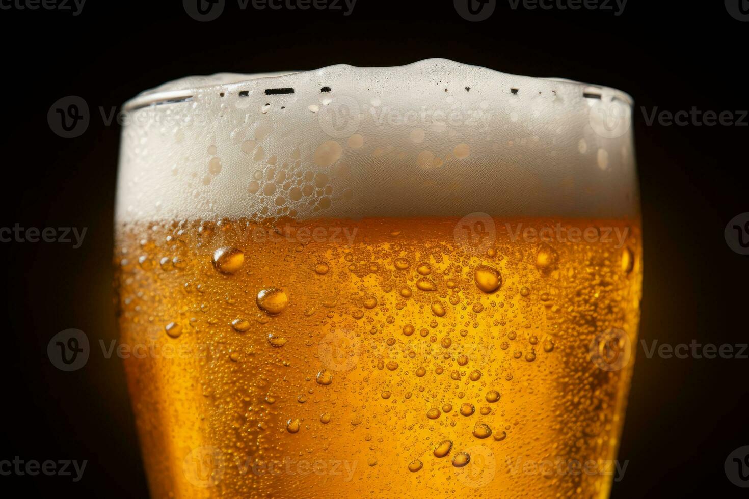 Water drops on glass of beer. Close up beer background. Generative AI photo