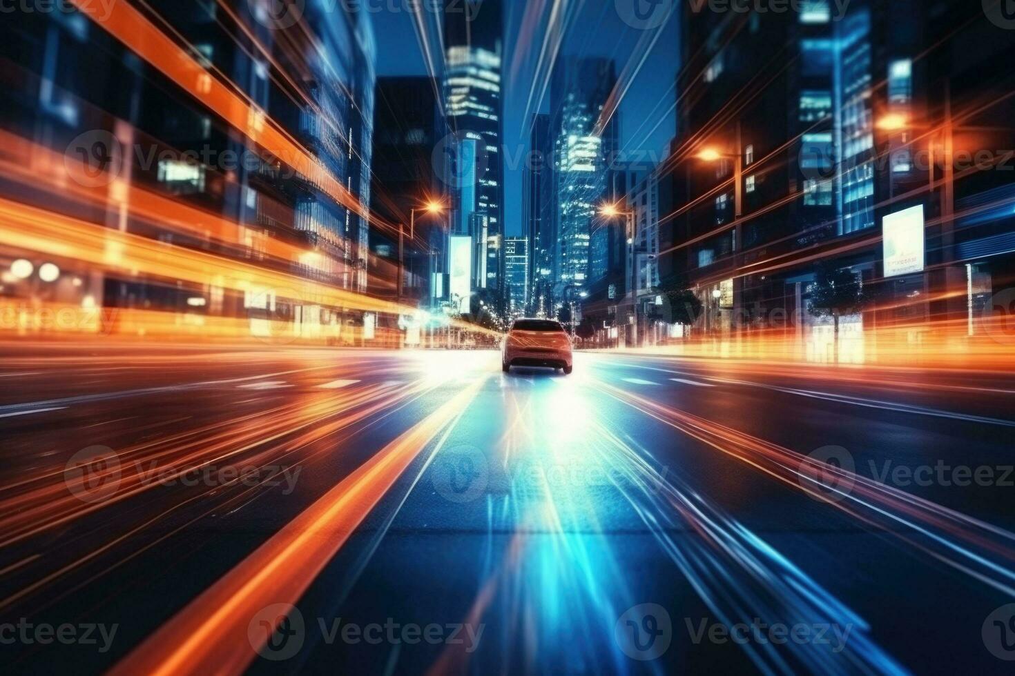 Abstract motion blur city. Colored halation from car beam and traffic light. Night traffic light trails in the city. Generative AI photo