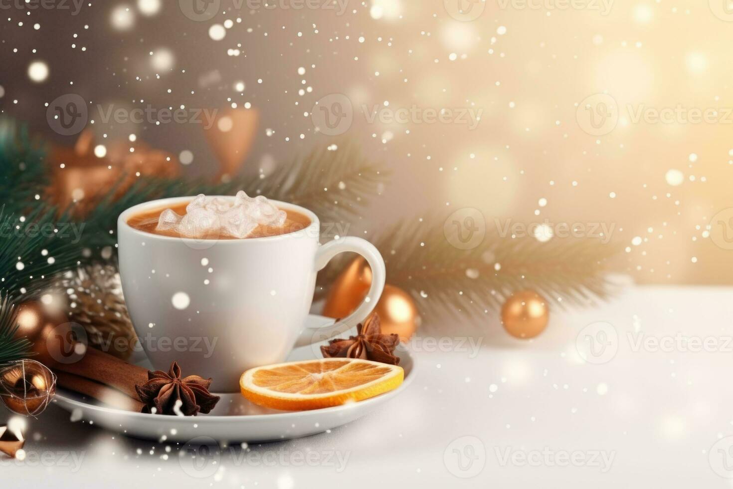 Christmas background with coffee cup, festive decorations, ice crystal snowflakes and fir branches. Generative AI photo