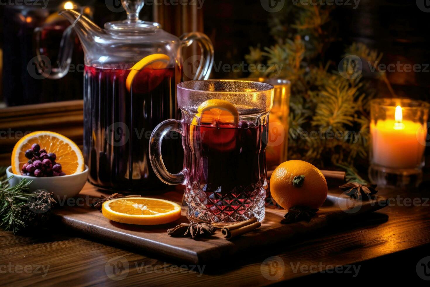 Mulled red wine with spices and citrus fruits. Traditional hot drink at Christmas time. Generative AI photo