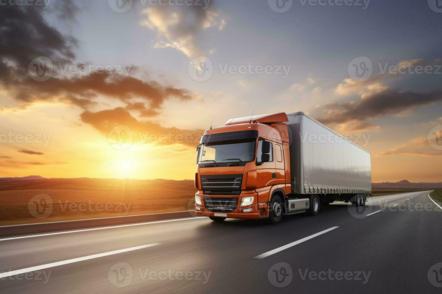 Truck with container on the highway on blurred background. Cargo transportation concept. Generative AI photo