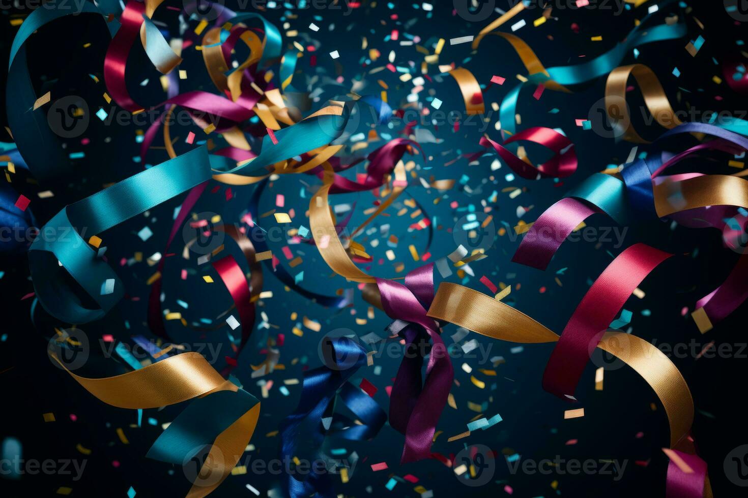 Colorful confetti and colored twirled serpentine in a greeting card and party invitation template . Generative AI photo