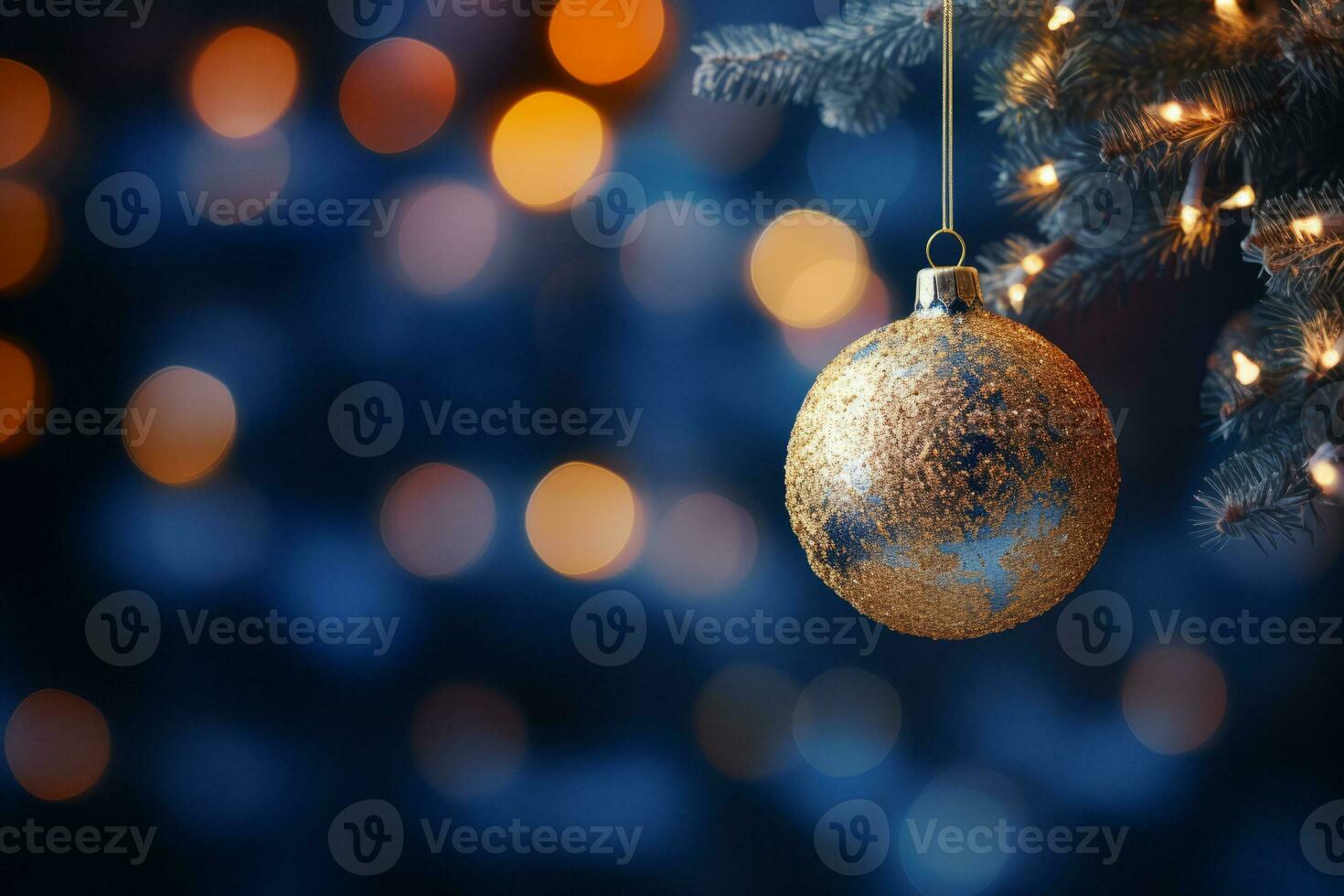 Christmas ball nangs on fir branch with bokeh lights on blue abstract background . Generative AI photo