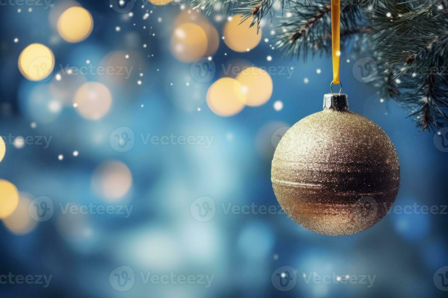 Christmas ball nangs on fir branch with bokeh lights on blue abstract background . Generative AI photo