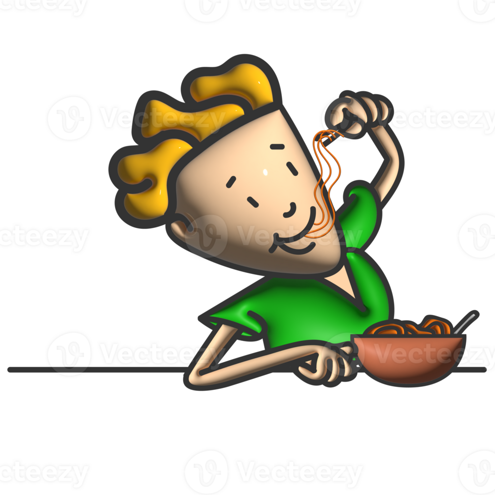 Cute of a young boy eating noodles 3d gesture png