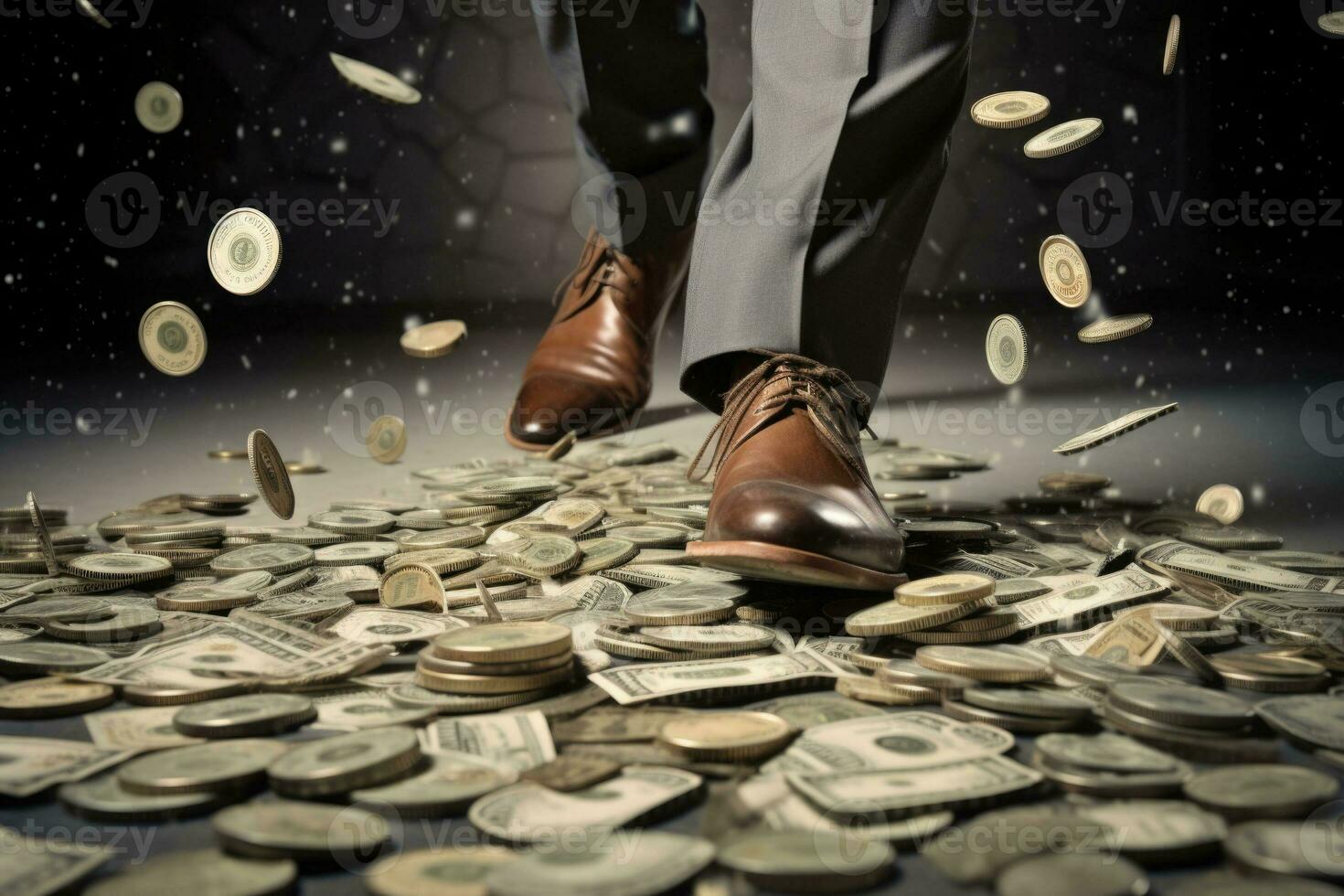 Businessman stepping on money. Financial increase goal, wealth management and investment plan to achieve target. Generative AI photo