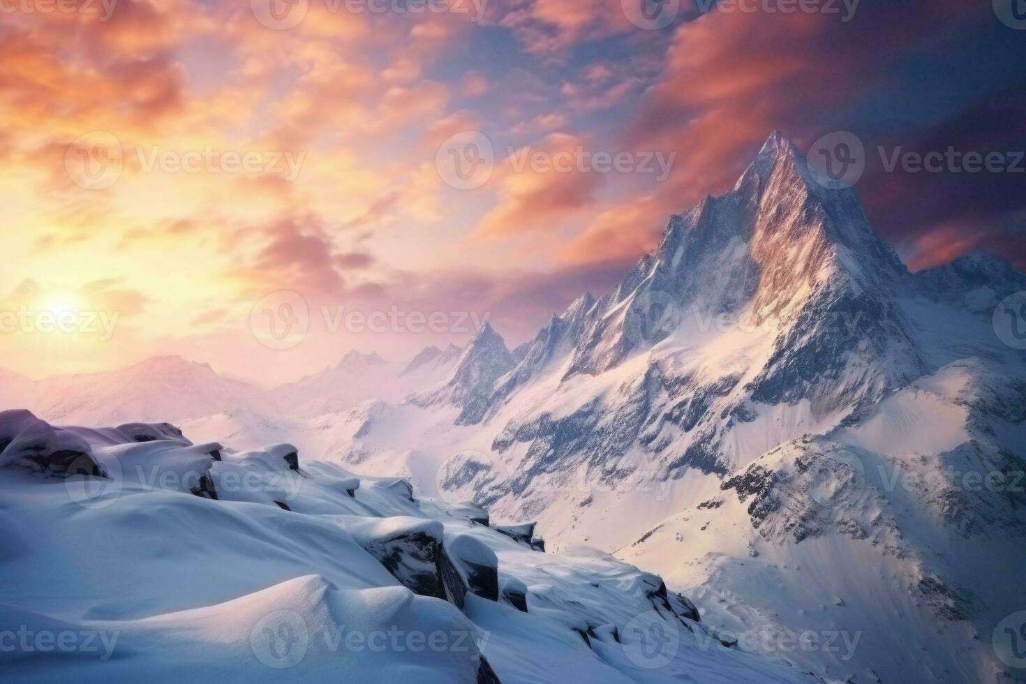 Amazing morning winter landscape with mountains. Generative AI photo