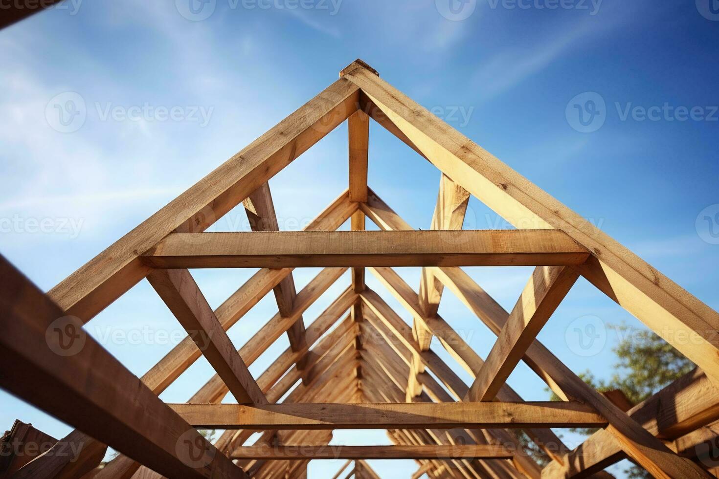 Wood roof trusses constructed with construction framing beams timber. Generative AI photo