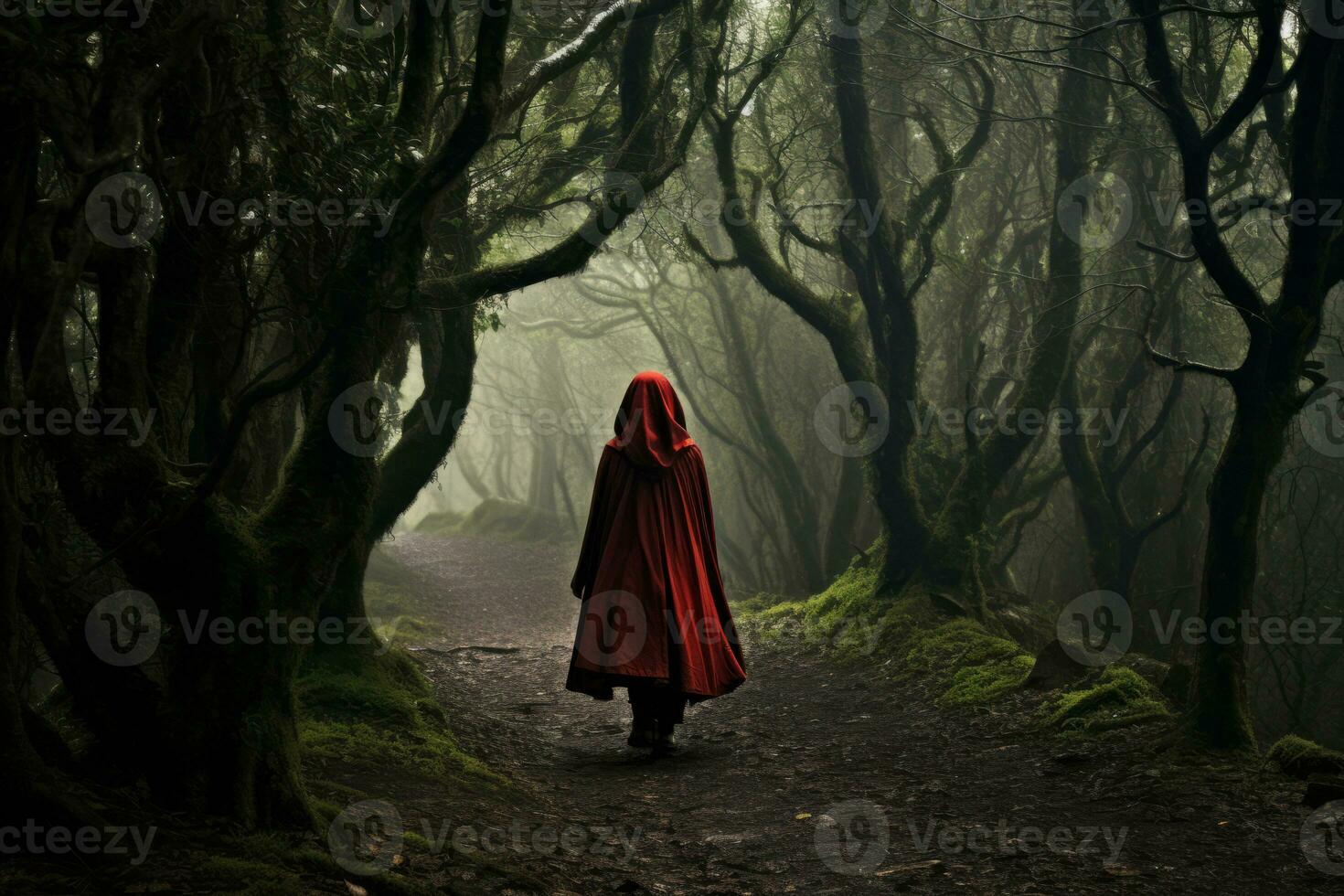 A woman in a red cloak walking through a dark forest. Generative AI photo