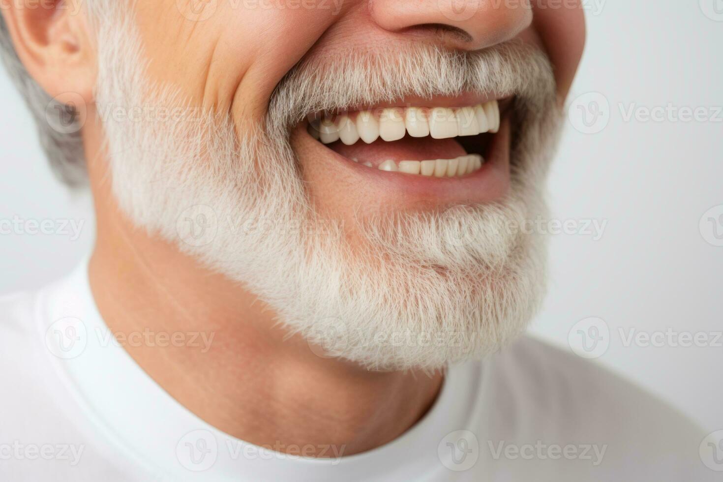 Smiling senior old man mouth with beard and mustache. Generative AI photo