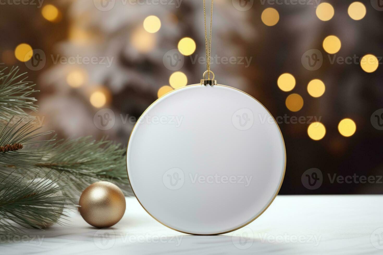 Blank empty white glossy ceramic circle tied with a metallic golden string over a rustic background and christmas lights. Generative AI photo