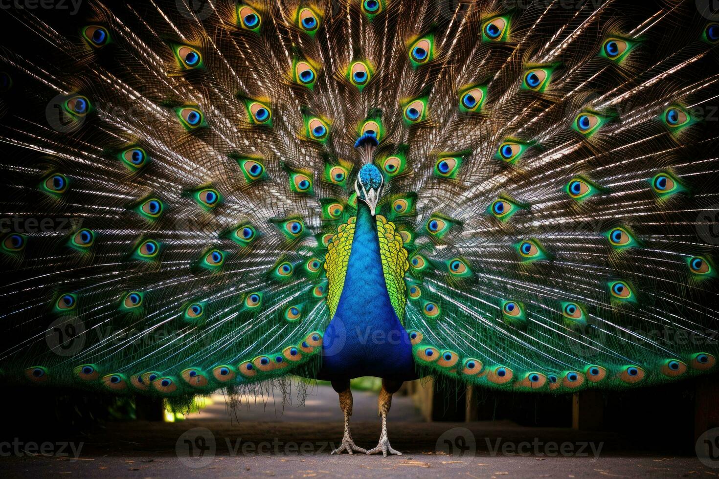 Peacock with with fully fanned aquamarine tail. Generative AI photo