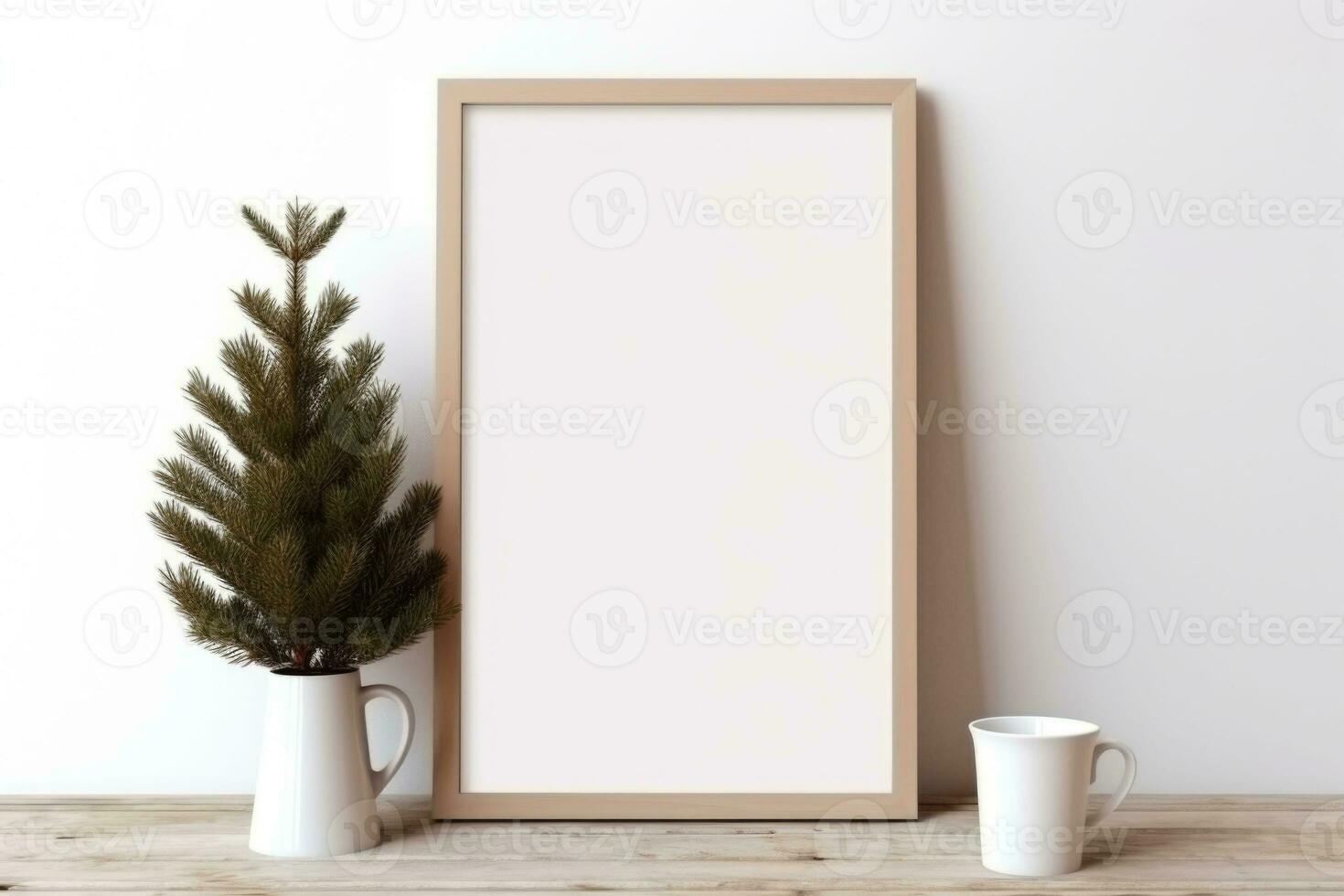 Minimal festive Christmas decor. Blank picture frame mockup with pine tree branches and cup of coffee. Generative AI photo