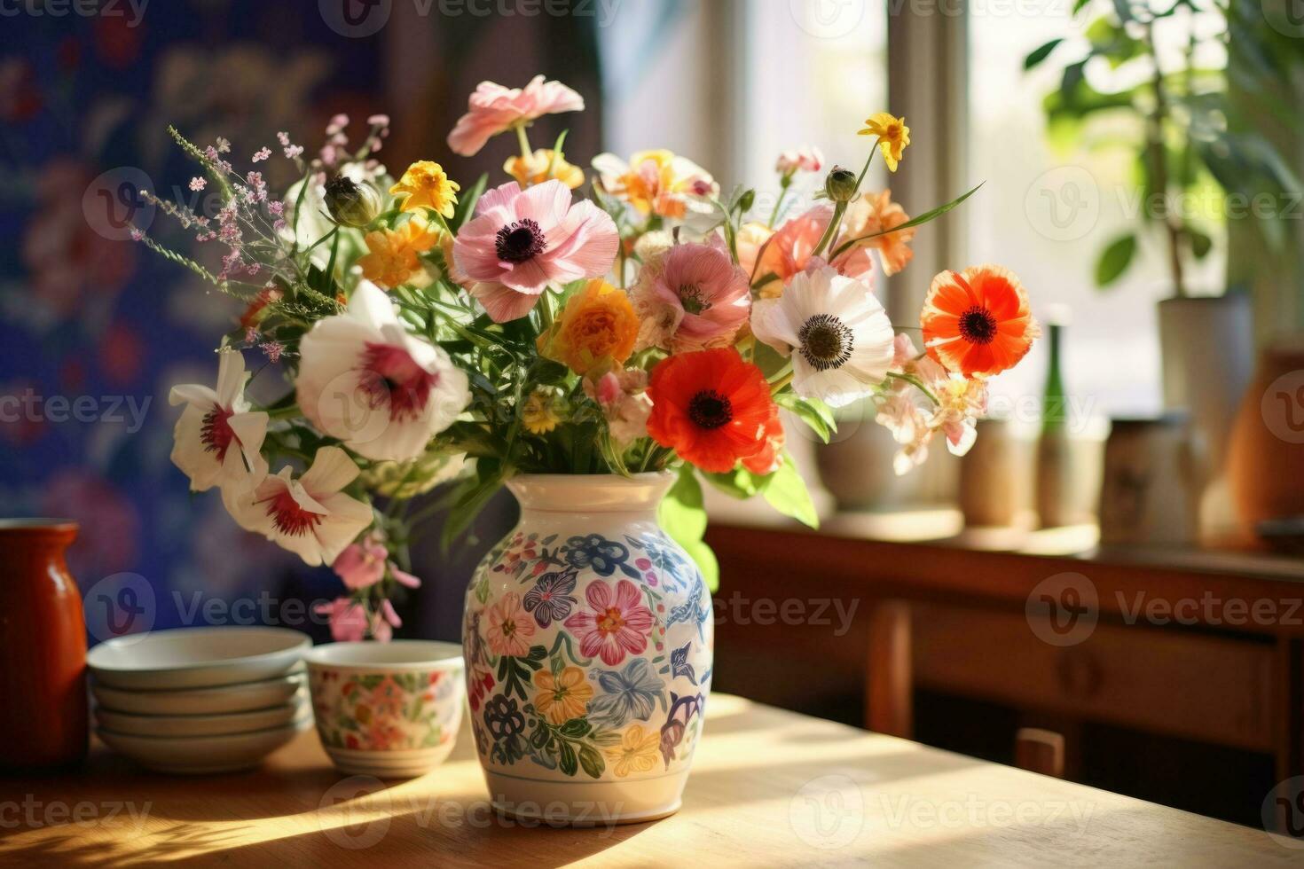 Freshly picked wildflowers in a vase with folk pattern on a kitchen table. Generative AI photo