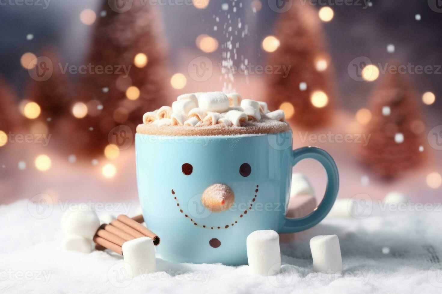 Mug with hot chocolate and melted marshmallow snowman. AI generated photo